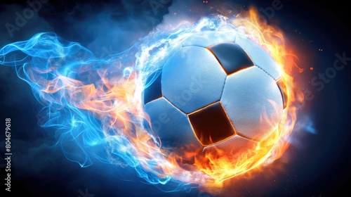 Soccer ball in fire flames on dark background. 3d illustration