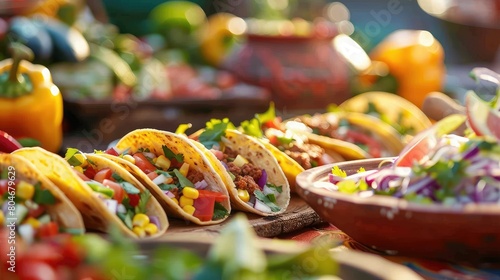 A vibrant Fiesta table showcasing a delicious close up of vegetarian corn tacos stuffed with refried beans and fresh vegetables