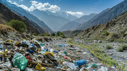 Large accumulation of plastic debris and garbage discarded in the mountainous environment photo