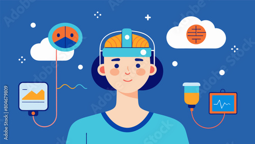 An individual wearing a headband with EEG sensors during a ketamine infusion allowing them to monitor their own brain activity and make adjustments to.