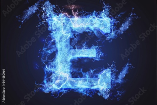 Electric blue letter  e  in futuristic style formed by dancing electricity arcs on dark background