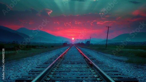  A lone train track traverses a rural field as the sun sets in the background, casting majestic mountain silhouettes