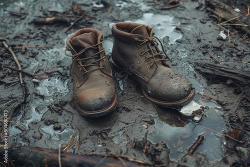 abandoned leather shoes on muddy ground melancholic loneliness concept photo