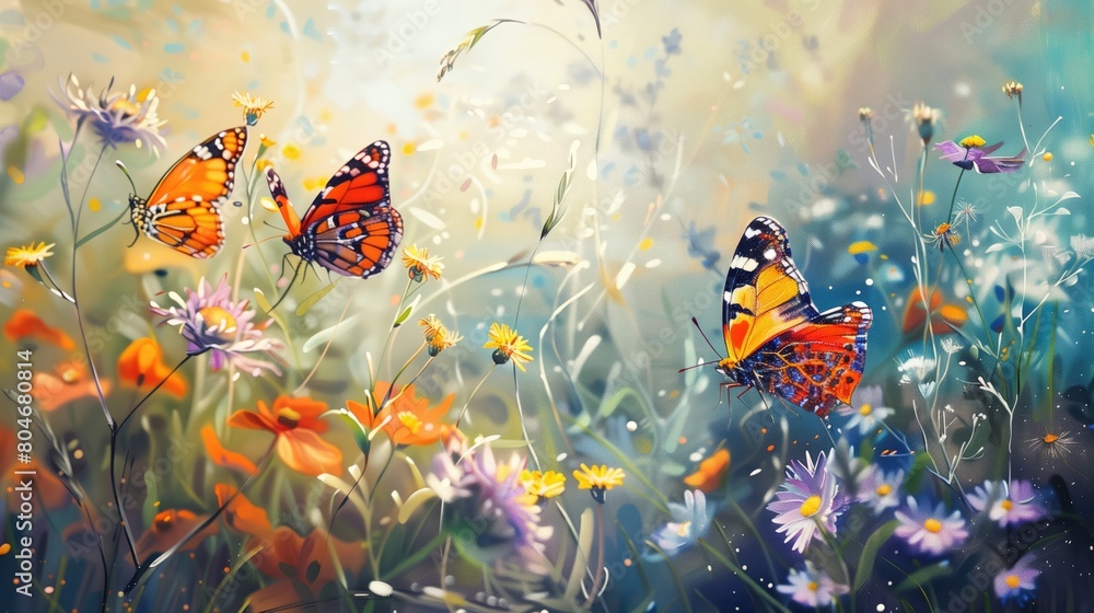 Flowers and butterflies in a summer meadow. Oil painting. Beautiful meadow flowers and a fluttering butterflies Flowers and butterflies in a summer meadow. Oil painting. Beautiful meadow flowers and a fluttering butterflies