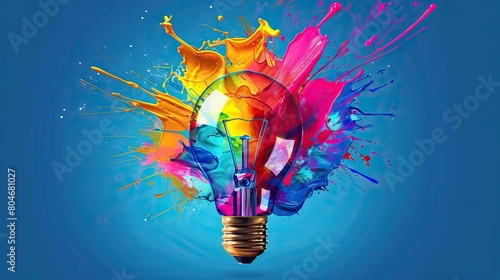 Creative light bulb explodes with colorful paint splashes and shards of glass on a black background. Think differently creative idea concept. Dry paint splatter. AI generated illustration. photo