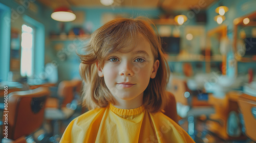 A young girl with blonde hair and a yellow shirt is sitting in a barber shop