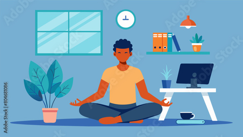 A person takes a break from their hectic work day to do a gentle yoga session in a quiet corner of the office promoting relaxation and selfcare in a.