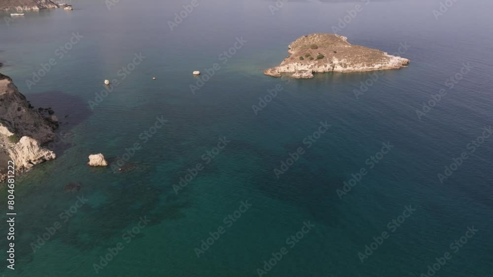 Crete, Greece. Aerial drone shot. Falassarna Beach in Chania, Elafonisi lagoon, Falassarna, Hills and town of Palaiokastro, Old christian church ruins in Crete, Katholiko Monastery greek landmark Crete, Greece. Aerial drone shot. Falassarna Beach in Chania, Elafonisi lagoon, Falassarna, Hills and town of Palaiokastro, Old christian church ruins in Crete, Katholiko Monastery greek landmark