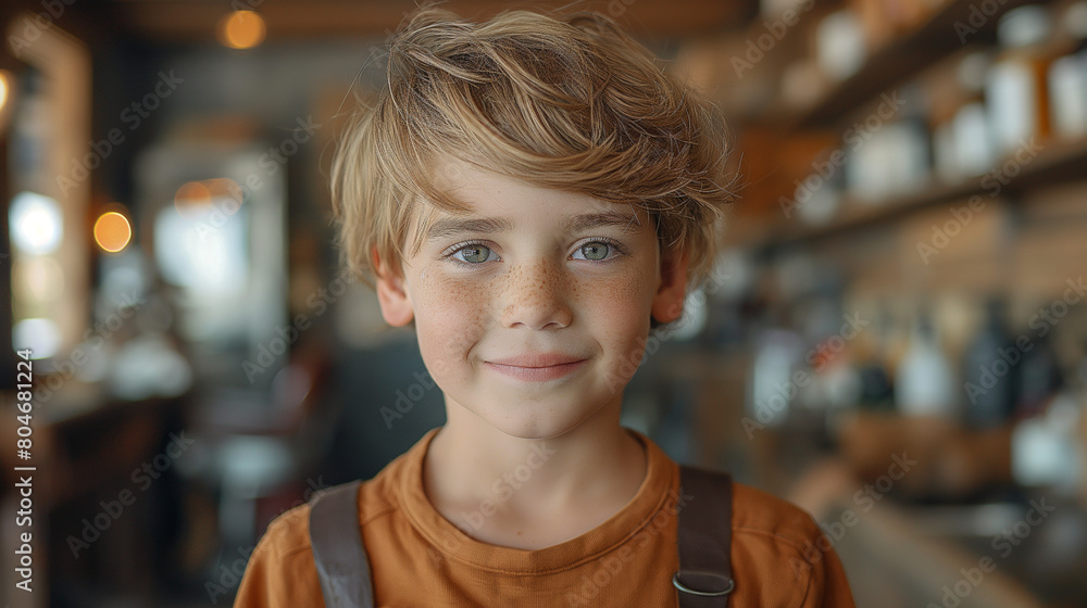 A young boy with a beard and a messy hairdo is smiling at the camera A young boy with a beard and a messy hairdo is smiling at the camera