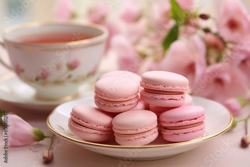 Macarons_ on a plate in pink and pastel colors decorated with flowers.