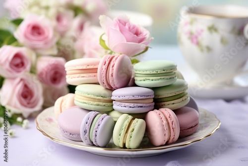 Macarons on a plate in pink and pastel colors decorated with flowers.