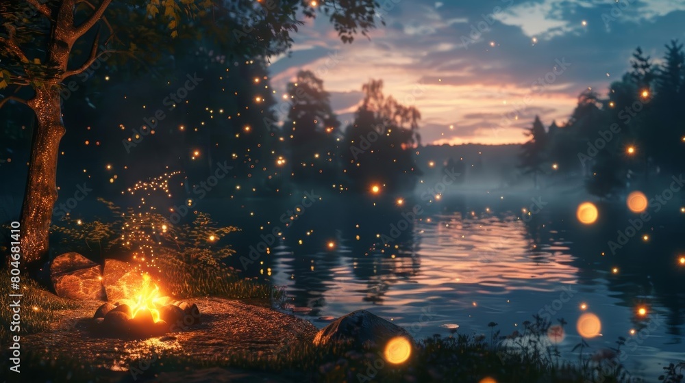 A beautiful lakeside campsite at dusk. The still lake reflects the sky, trees, and rolling hills. Fireflies dance in the foreground. A beautiful lakeside campsite at dusk. The still lake reflects the sky, trees, and rolling hills. Fireflies dance in the foreground.