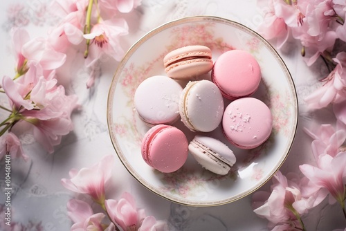 macarons on a plate in pink and pastel colors decorated with flowers