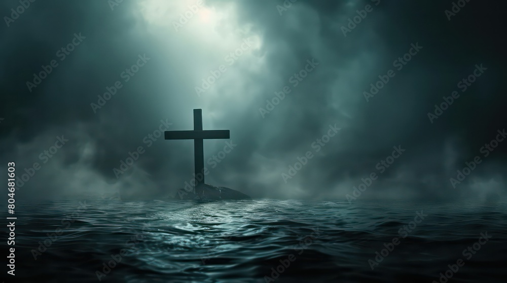 A somber and atmospheric depiction of a cross shrouded in mist, emerging from dark waters. Symbolic of hope amidst turmoil. Concept of redemption, mystery, and the steadfastness of faith