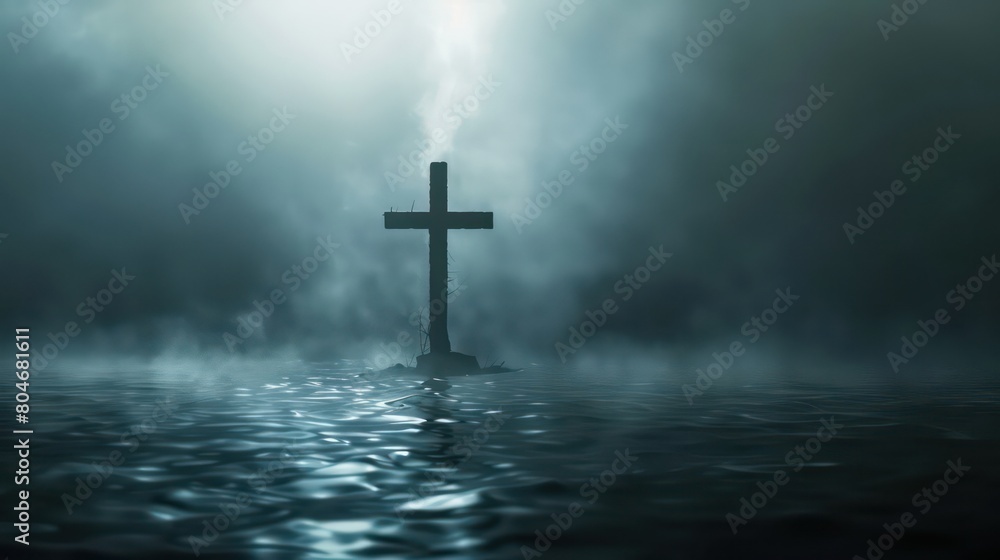 A somber and atmospheric depiction of a cross shrouded in mist, emerging from dark waters. Symbolic of hope amidst turmoil. Concept of redemption, mystery, and the steadfastness of faith