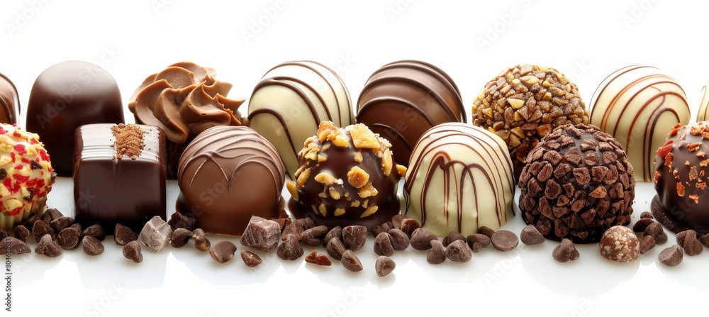 Assorted chocolates display on clean background with ample copy space for text or branding