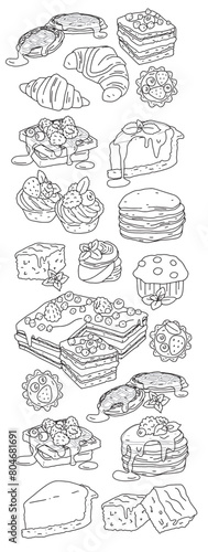 big vector set of drawn sweet pastries and desserts