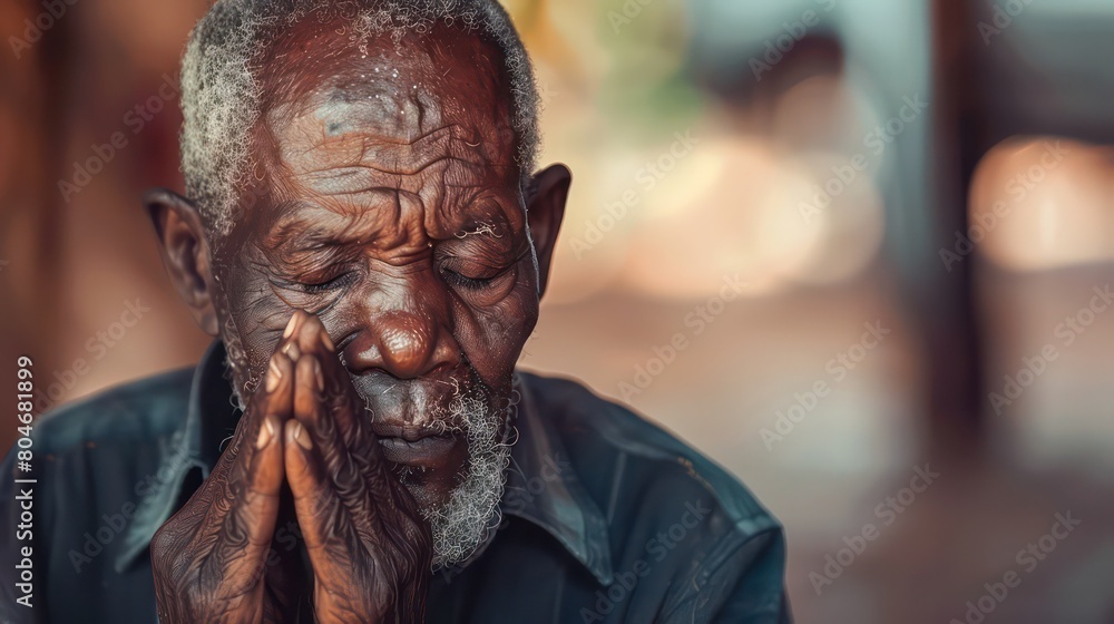 An elderly man of African ethnicity praying. Christian religious prayer and devotion banner with copy space An elderly man of African ethnicity praying. Christian religious prayer and devotion banner with copy space