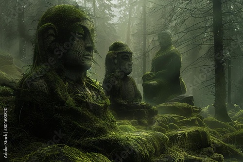 ancient forest guardians mysterious mosscovered statues in misty woodland digital painting