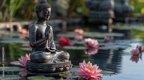 Buddha statue in the water with lotuses
