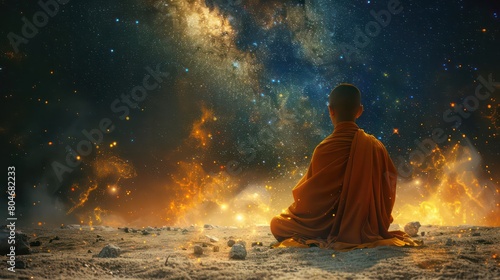 Buddhist monk looking at the universe. Buddhist monk meditates on the background of the starry sky