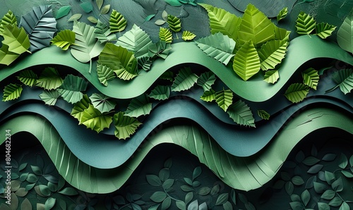 green papercraft jungle war scene with paper craft explosion, dense forest. game environment photo