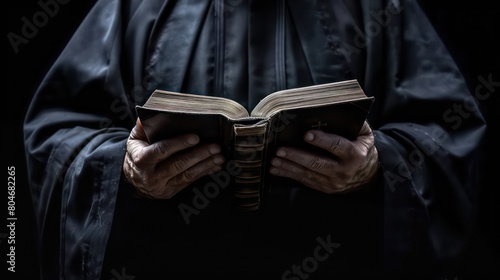 Catholic christian church priest wearing black cassock robe holding the holy bible book in his hands. Isolated on dark black background photo