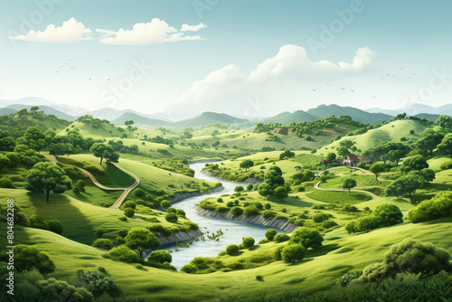 A picturesque countryside scene with a winding river meandering through green fields and forests, isolated on solid white background.