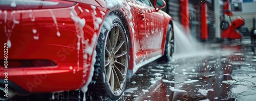 Closeup of a red luxury car being washed with high-pressure water spray, focusing on the shiny rim and tire. © amazingfotommm