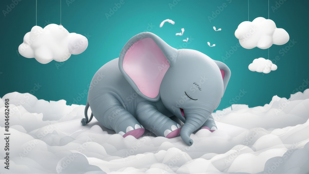 Cute baby elephant sleeping on clouds under starry sky, dreamy atmosphere illustration for children's room or book Cute baby elephant sleeping on clouds under starry sky, dreamy atmosphere illustration for children's room or book