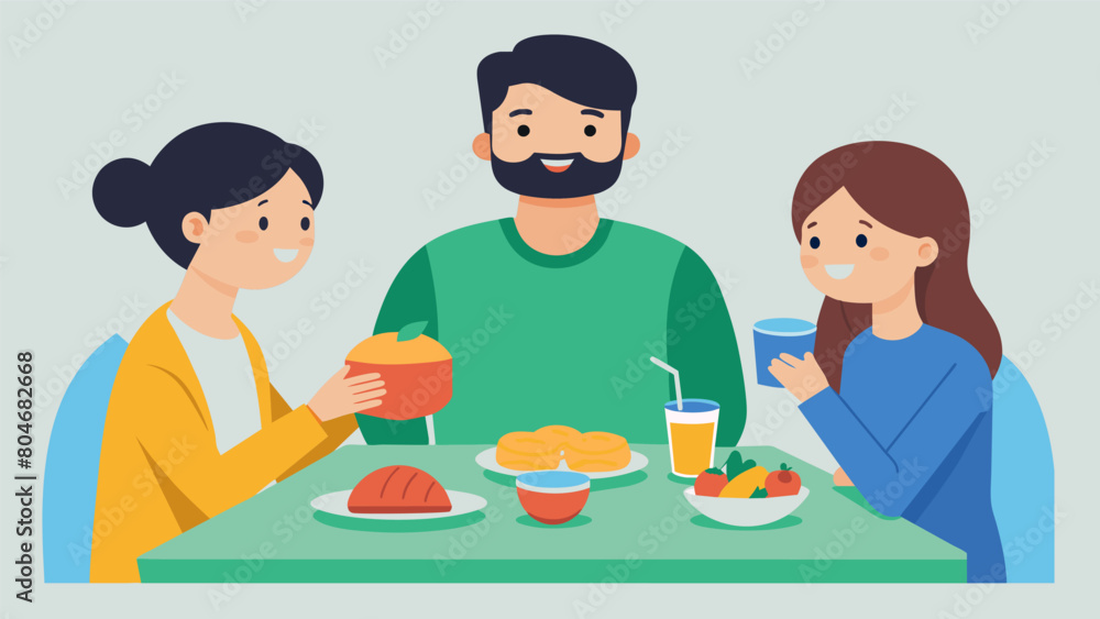 A family sharing a meal together and the neurodivergent member explaining to their siblings how certain foods can feel overwhelming to them promoting. Vector illustration A family sharing a meal together and the neurodivergent member explaining to their siblings how certain foods can feel overwhelming to them promoting. Vector illustration