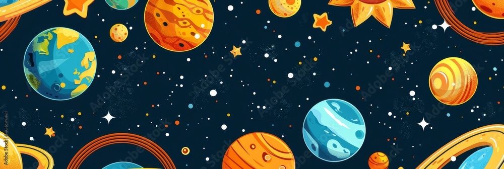 Naklejka premium Whimsical cartoon planets and stars seamless pattern on midnight blue background