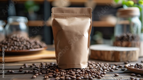 Sealed coffee bag surrounded by scattered beans on a wooden countertop