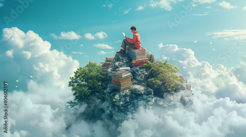 a person living on top of the cloud and sitting next to books, reading book alone photo