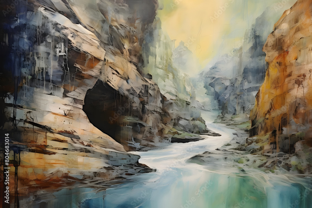 melancholic river canyon, abstract landscape art, painting background, wallpaper, generative ai