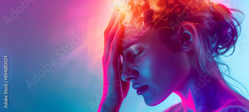 A woman with her head in her hands, suffering from extreme pain, her brain visualized as glowing neon lightnings around her skull