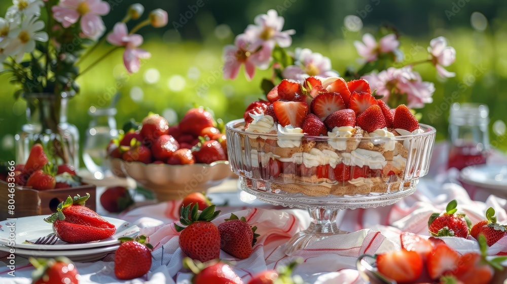 A table with a strawberry cake and a bunch of strawberries A table with a strawberry cake and a bunch of strawberries