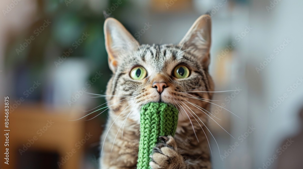 cat holding a knitted cucumber in his mouth, looking up cat holding a knitted cucumber in his mouth, looking up