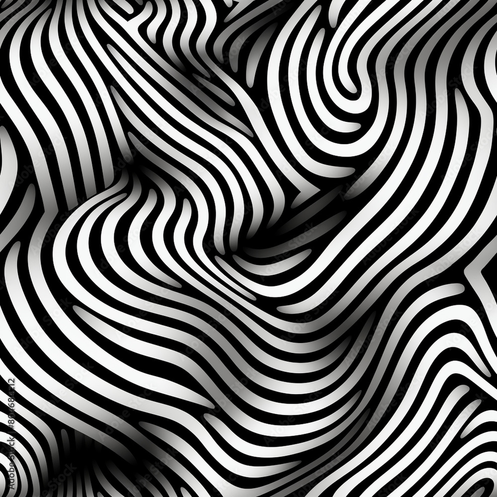 optical illusion, dynamic black and white abstract pattern with flowing curved lines, seamless illustration, digital art, interior design, wallpaper