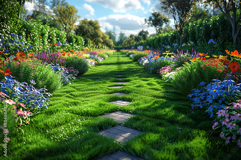A freshly cut grassy lawn with a pattern of diamond shapes, bordered by colorful wildflowers on a sunny day. A freshly cut grassy lawn with a pattern of diamond shapes, bordered by colorful wildflowers on a sunny day.