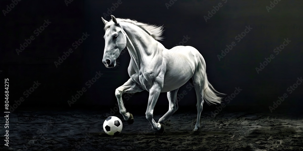 White horse on black background playing football White horse on black background playing football
