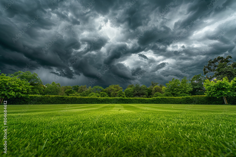 A sprawling, lush lawn under a stormy sky, the intense green of the grass contrasting with the dark, brooding clouds.