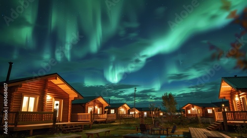 Awe-inspiring northern lights display above picturesque village with charming wooden huts