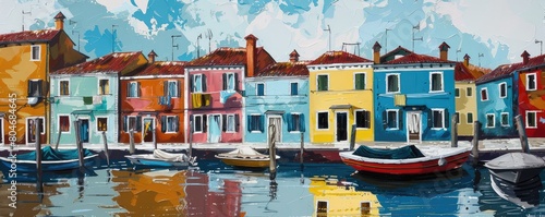 A panoramic view capturing the vividly colored houses lining the tranquil canals. reflecting the Italian island s charm.