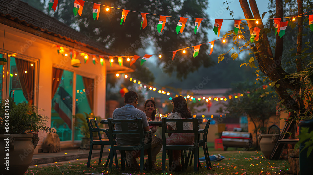 Cozy Backyard Gathering with Friends at Twilight Under Festive Lights