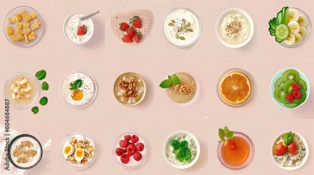 A table topped with plates of food, a bowl of fruit, a bowl of yogurt, and a bowl of fruit A table topped with plates of food, a bowl of fruit, a bowl of yogurt, and a bowl of fruit