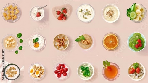  A table topped with plates of food, a bowl of fruit, a bowl of yogurt, and a bowl of fruit