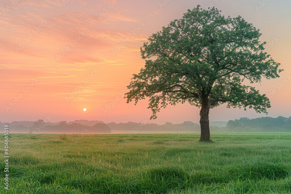 Obraz premium A tranquil scene of a fresh green grass field under a soft pink and orange sunrise, with a single oak tree standing prominently, its leaves shimmering in the light.