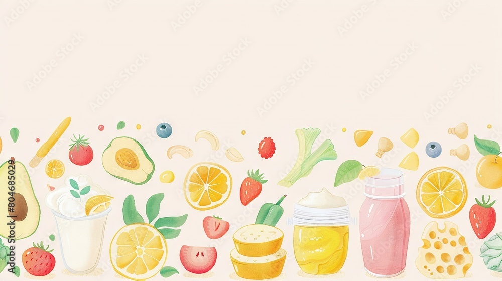 A painting of diverse fruits and veggies on a white canvas with space for a title A painting of diverse fruits and veggies on a white canvas with space for a title