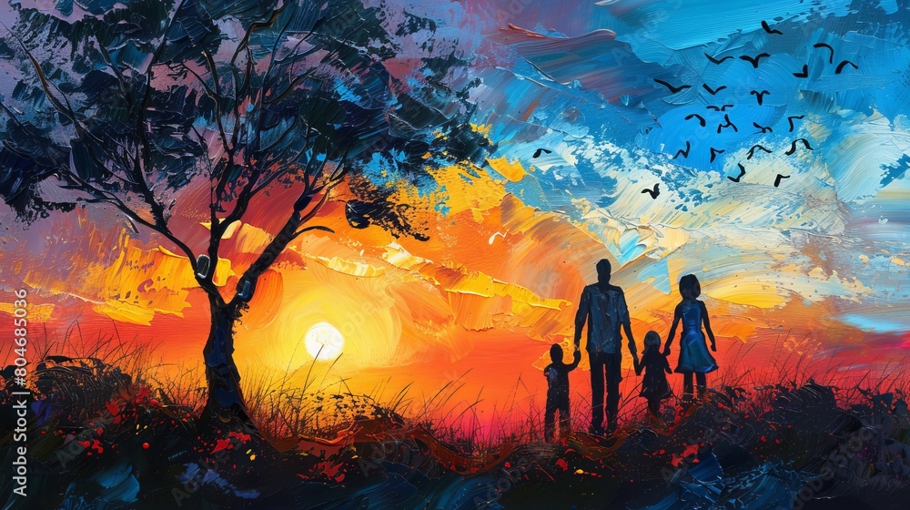 Fototapeta premium Joyful family painting together in a beautiful sunset with warm vibrant colors, happy parenthood